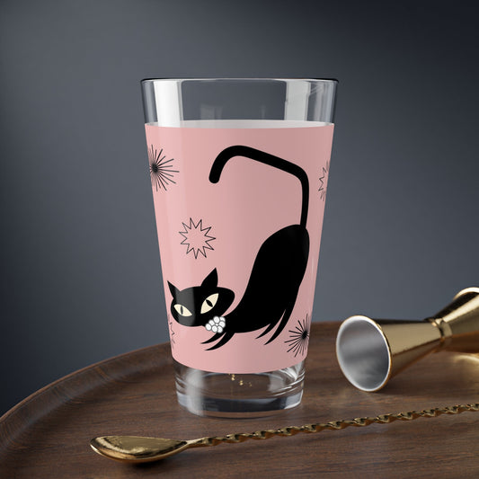 MCM Pink Atomic Cat Glassware 1/2/4 pc Set, MCM Beer Glass, Sexton Cat Cocktail Glass