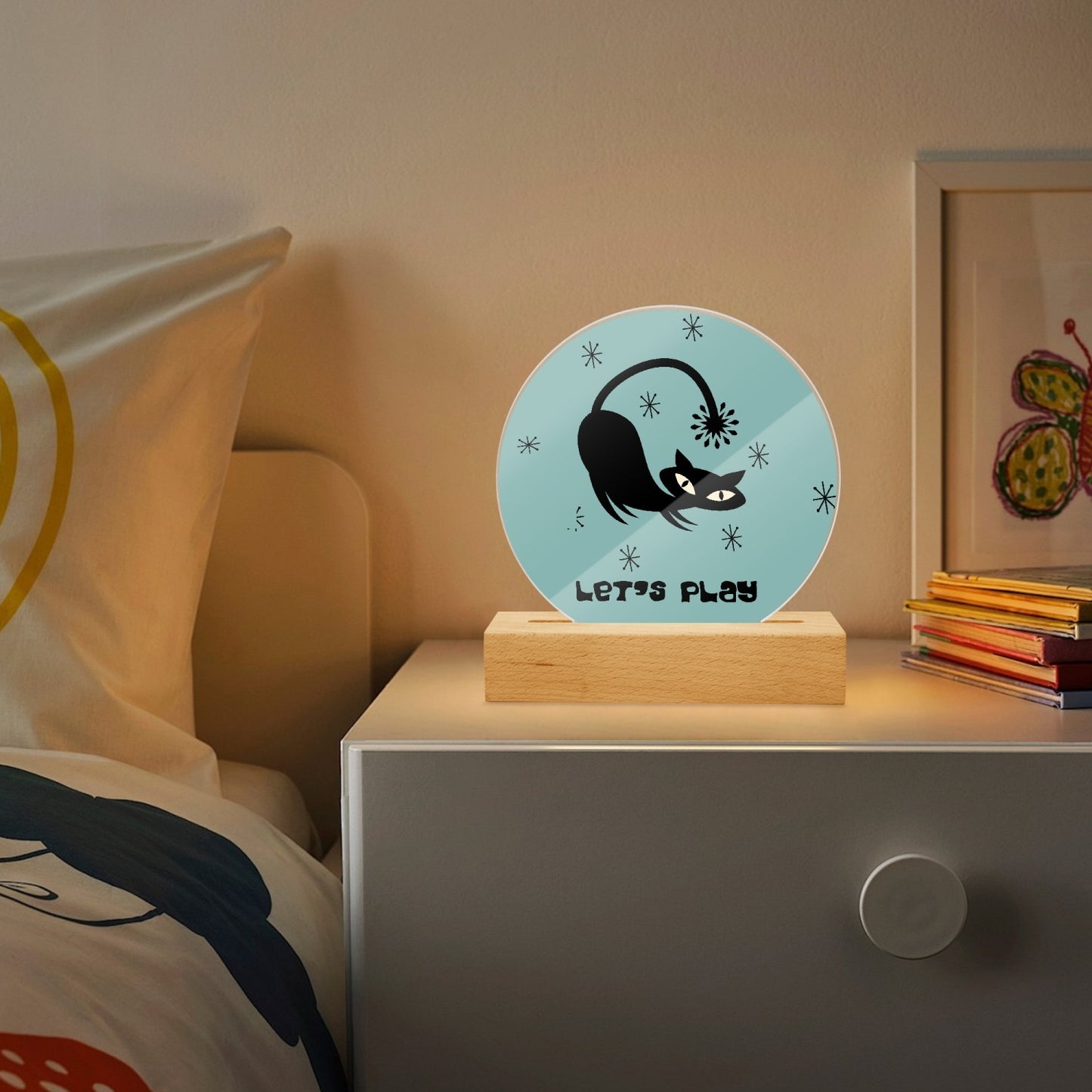 Mid Mod Atomic Cat Acrylic Plaque with Stand - Round Night Light