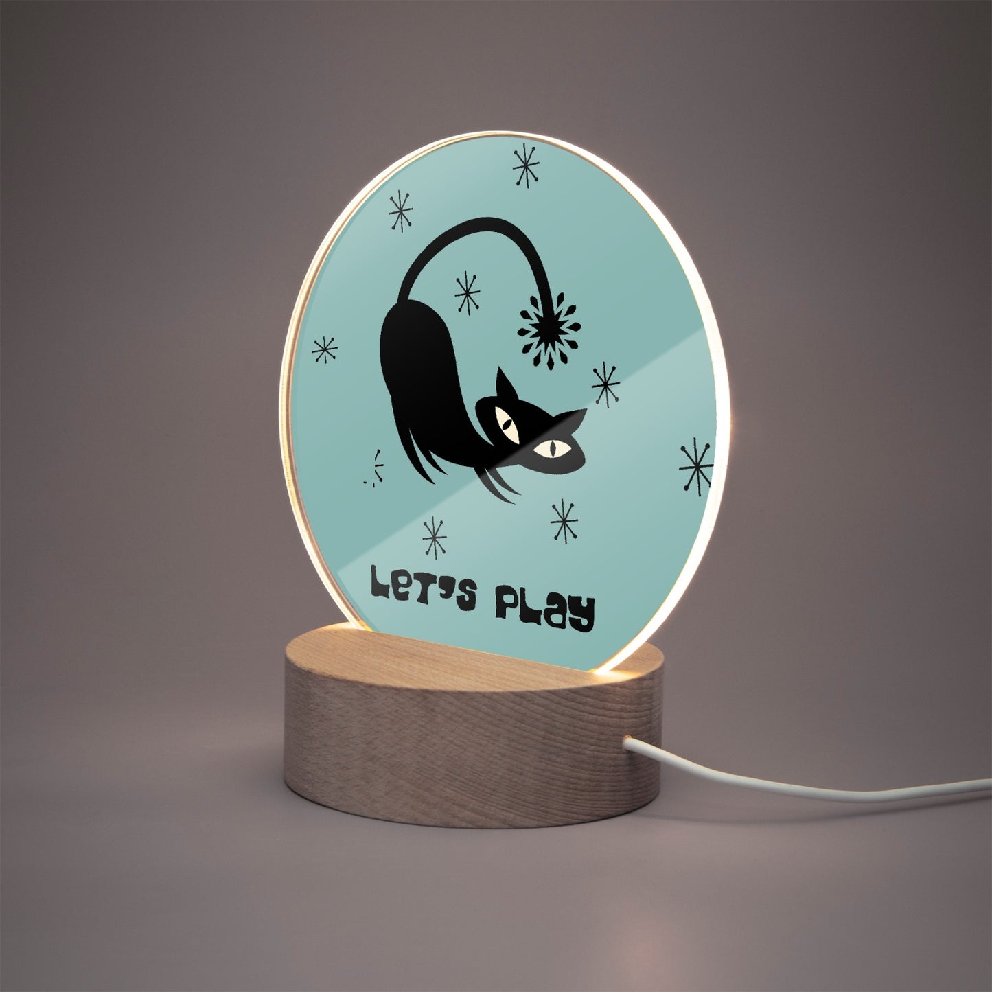 Mid Mod Atomic Cat Acrylic Plaque with Stand - Round Night Light