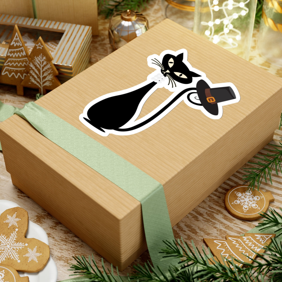 MCM Thanksgiving Sticker, Atomic Cat Sticker, Black Cat Sticker, Mid Century Modern Cat Sticker, Clear or White edge,Vinyl Sticker