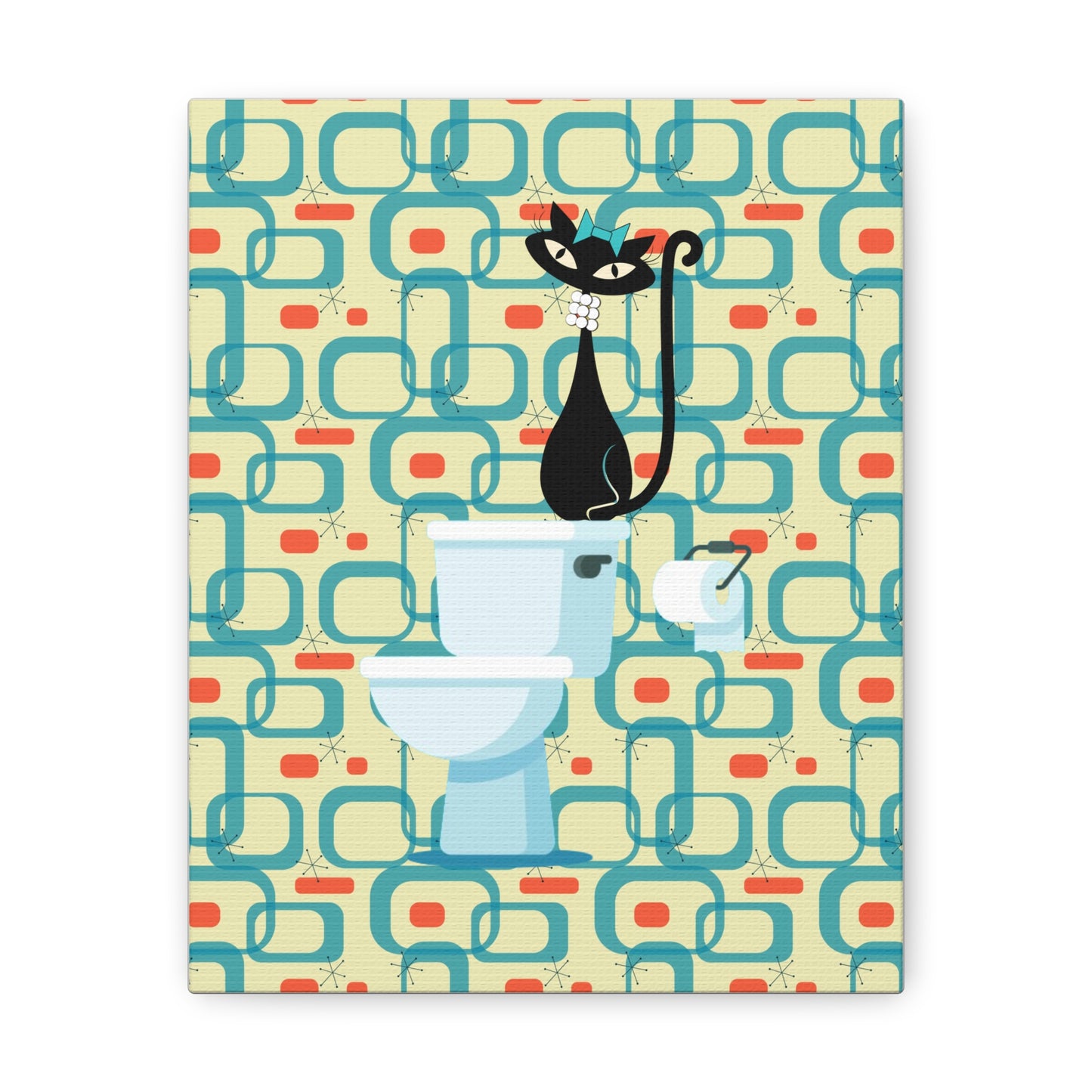 Atomic Cat In Pearls on the Potty Canvas Wall Art