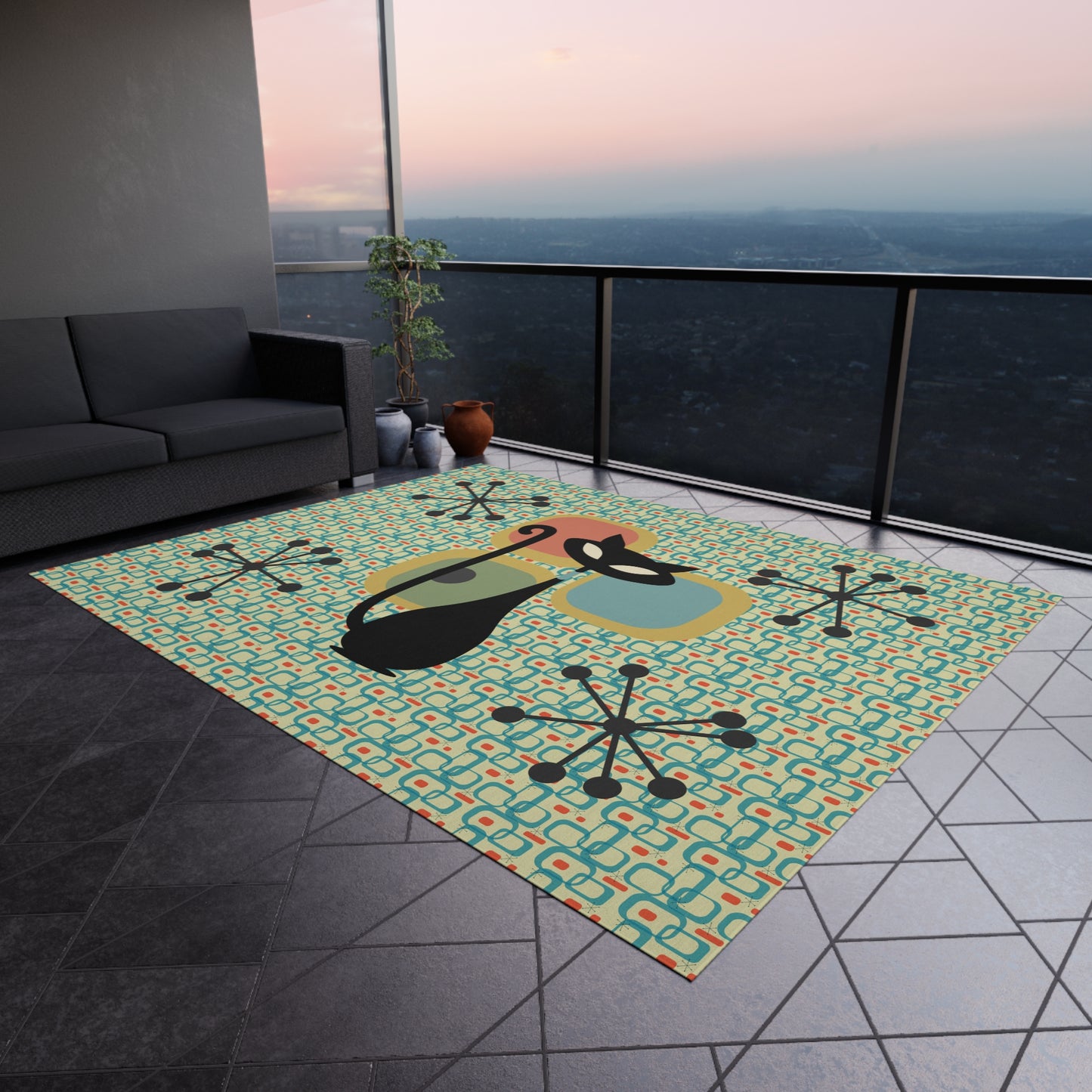 MCM Atomic Cat Outdoor Rug- Patio Rug, Mid Century Modern Decor