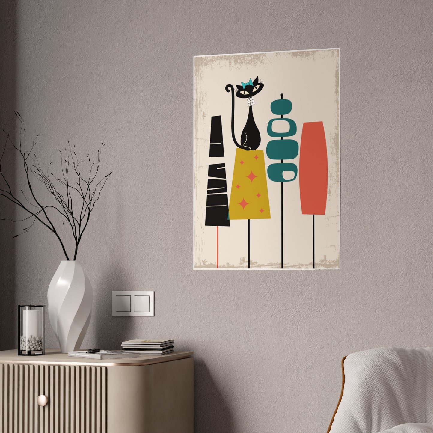 Mid Century Modern Atomic Cat In Pearls Poster