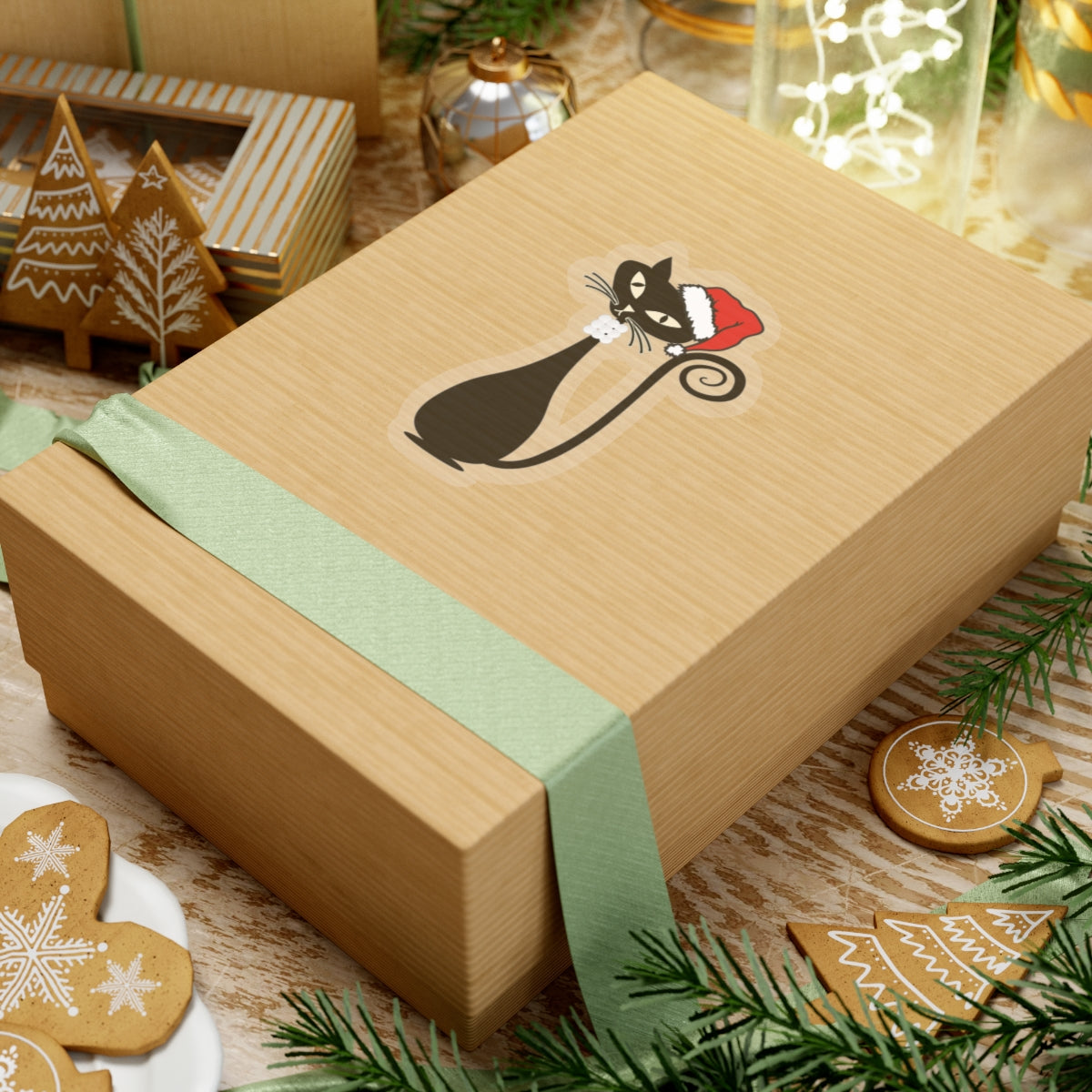 MCM Christmas Sticker, Holiday Atomic Cat Sticker, Black Cat Sticker, Mid Century Modern Cat Sticker, Clear or White edge, Vinyl Sticker