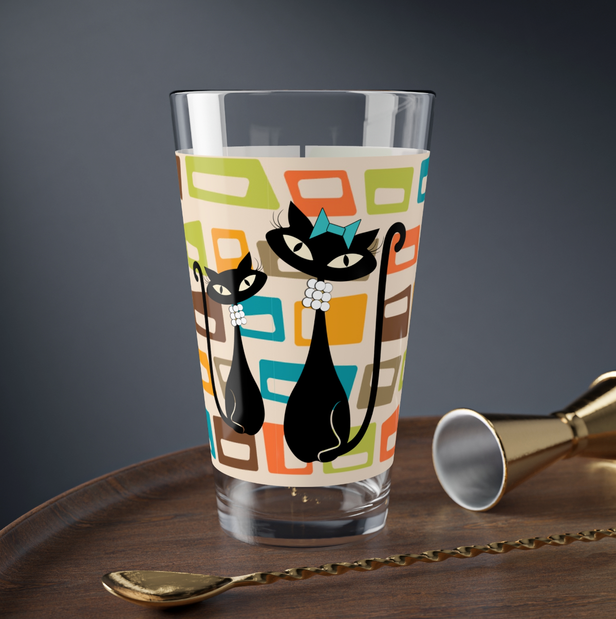 Atomic Cat in Pearls Pint Glass, 16oz, Retro Cat Cocktail Glass,MCM Beer Glass