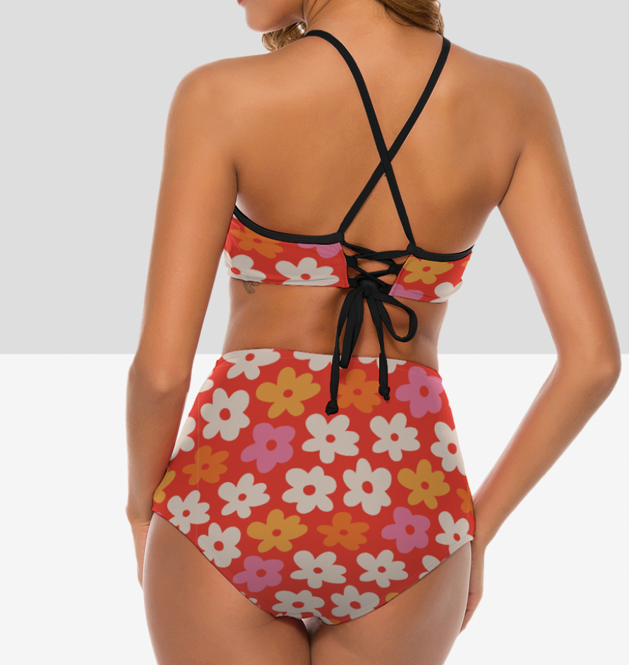 MCM Retro Flower Power Bikini, Retro Vintage Look Bikini, High Waist Swimsuit, 70s swimwear