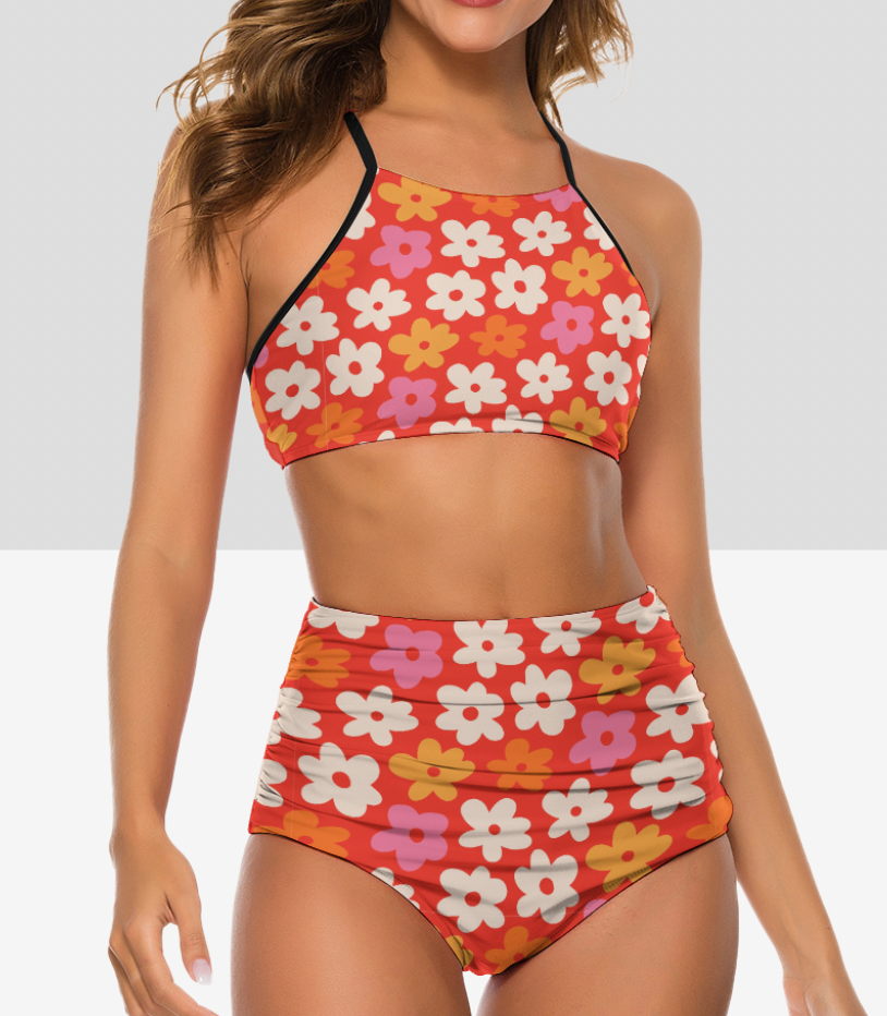 MCM Retro Flower Power Bikini, Retro Vintage Look Bikini, High Waist Swimsuit, 70s swimwear