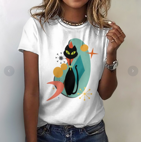 Atomic Cat in Pearls Women T-shirt, Retro Black Cat Tee