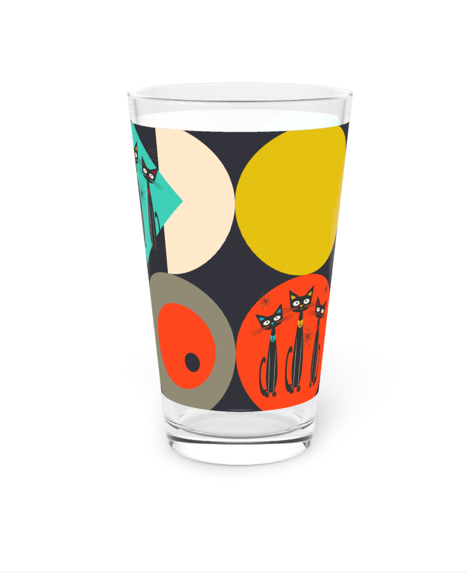 Atomic Cats Pint Glass, 16oz, Retro Black Cat Cocktail Glass,MCM Beer Glass