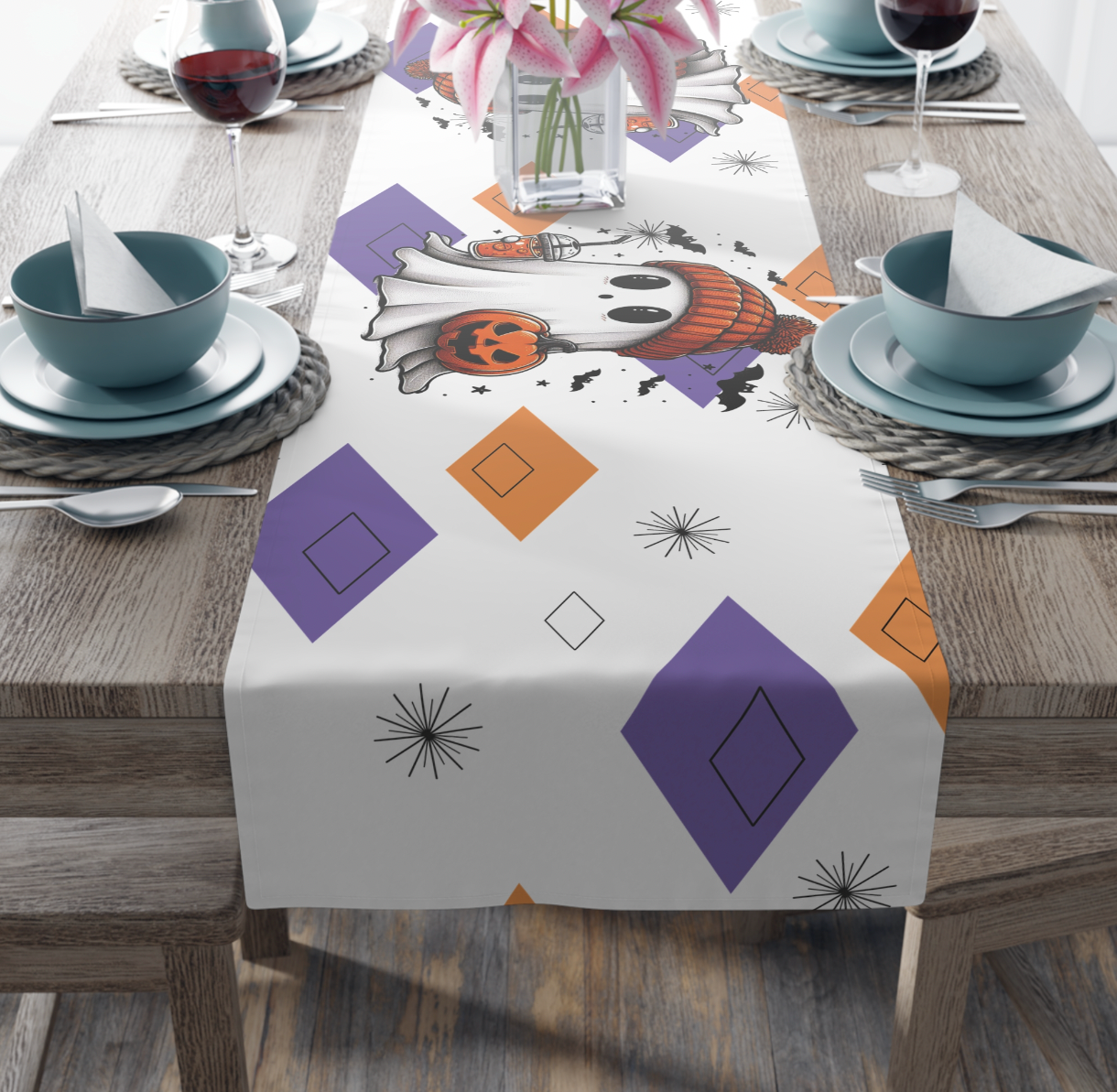 Halloween Ghost Table Runner, MCM Retro Table Runner, Retro Vibe  Mid Mod Table Runner (Cotton, Poly) (Copy) (Copy)