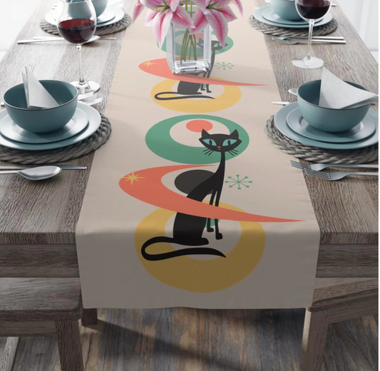 MCM Retro Cat Table Runner, Retro Vibe  Mid Mod Table Runner (Cotton, Poly) (Copy)