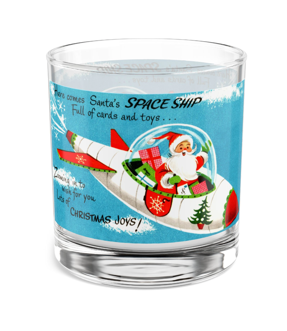 Holiday Santas Spaceship Whisky Glass, Atomic Christmas MCM Rocks Glass, Set of 1/2/4 10oz Double Old Fashioned Glasses