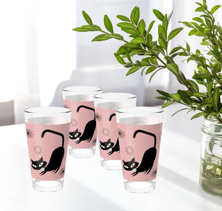 MCM Pink Atomic Cat Glassware 1/2/4 pc Set, MCM Beer Glass, Sexton Cat Cocktail Glass