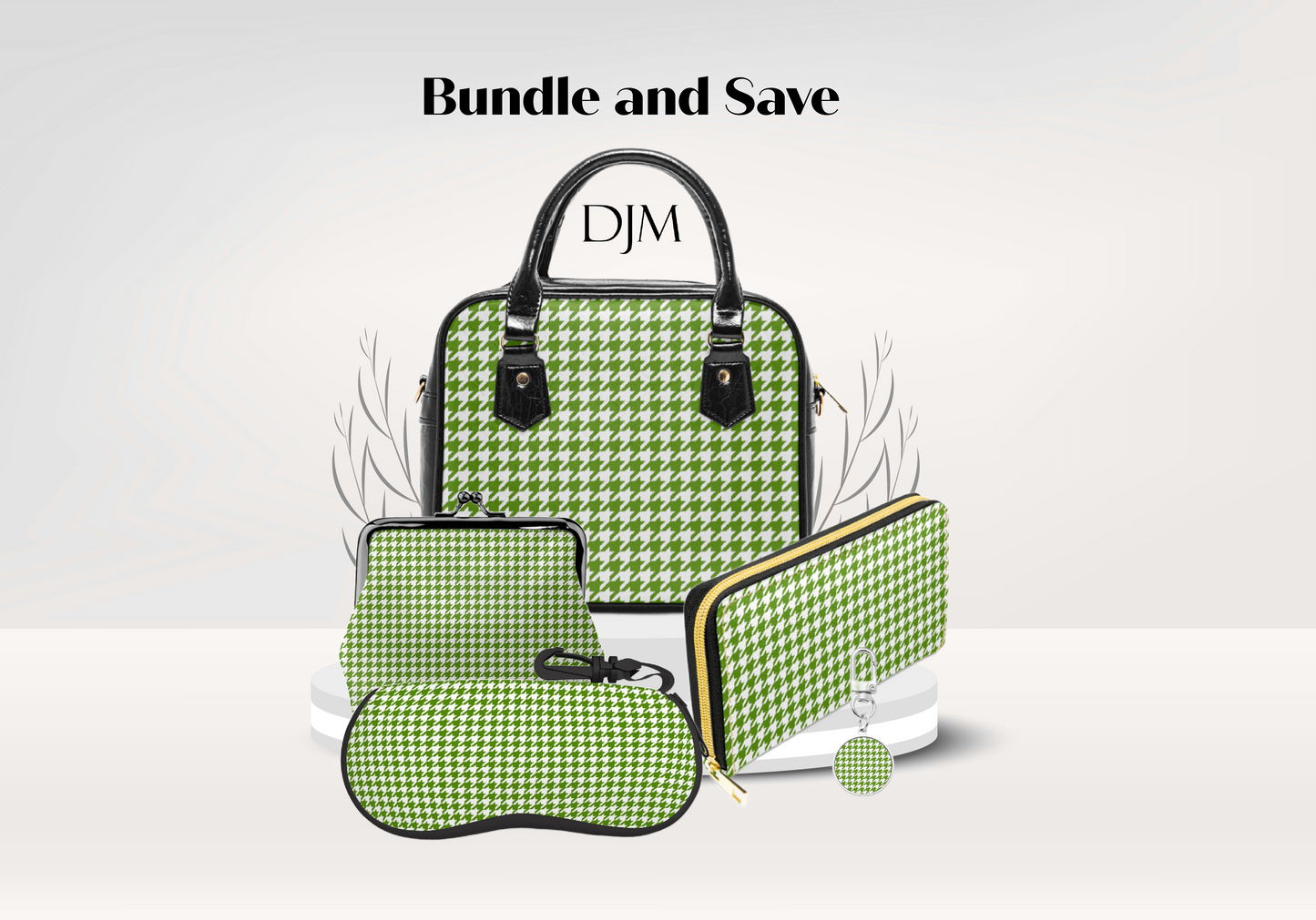 Green Houndstooth Handbag Bundle, Wallet, Coin Purse, Sunglass Case and Keyring - 1950s Houndstooth Pattern Gift Set