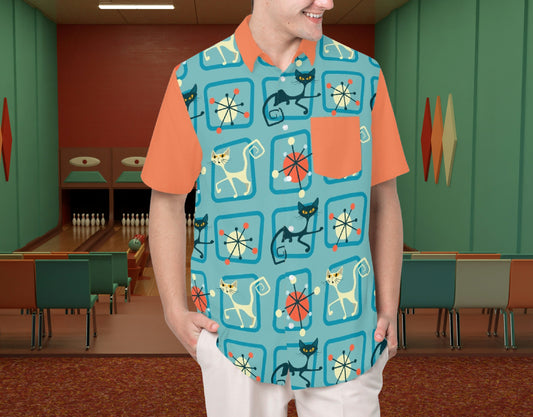 Atomic Cat Bowling Shirt in Coral