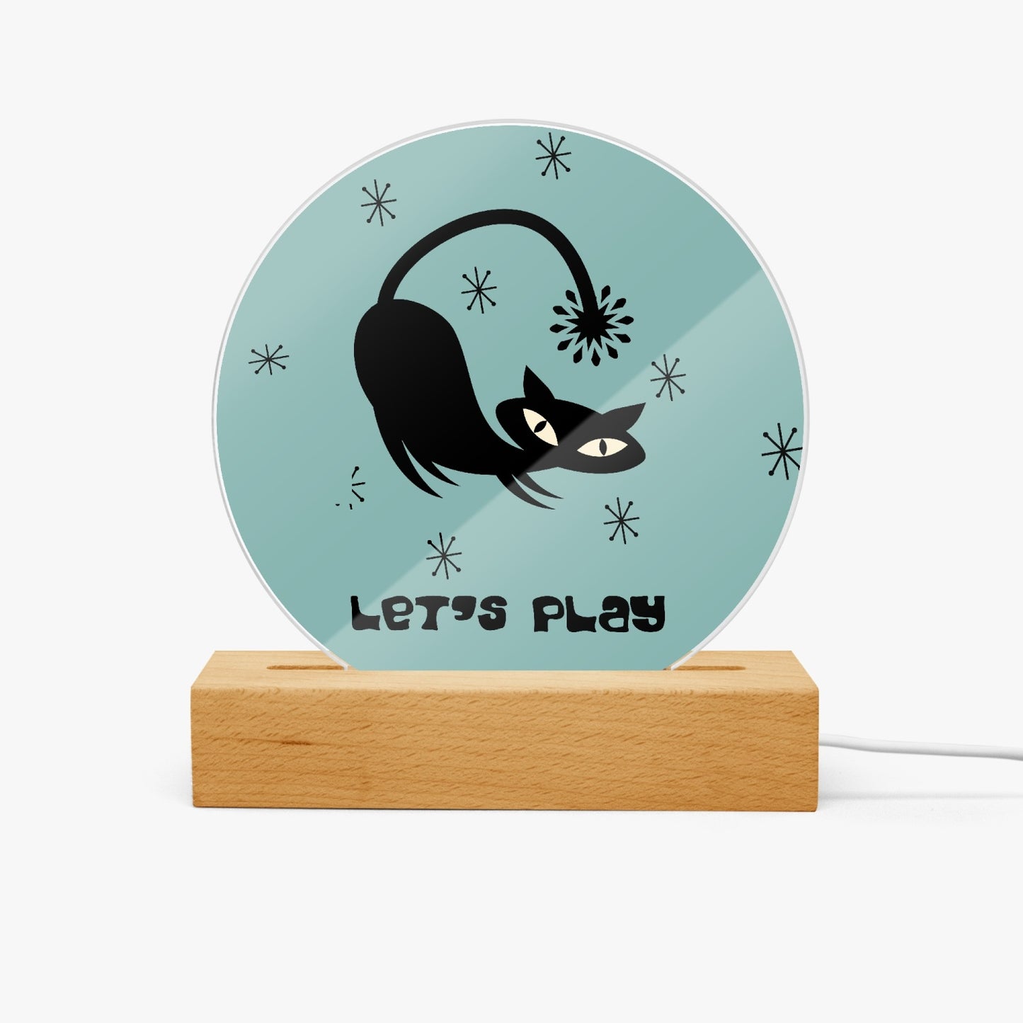 Mid Mod Atomic Cat Acrylic Plaque with Stand - Round Night Light