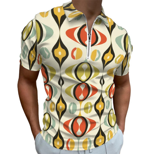 MCM Retro Polo Shirt- Mid Century Geo Design  Slim Fit Zipper Polo for men