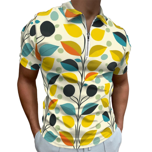 MCM Retro Polo Shirt- Mid Century Geo Design  Slim Fit Zipper Polo for men