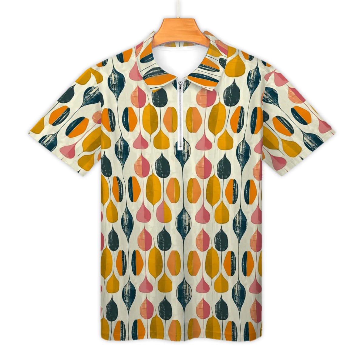 MCM Retro Polo Shirt- Mid Century Geo Design  Slim Fit Zipper Polo for men