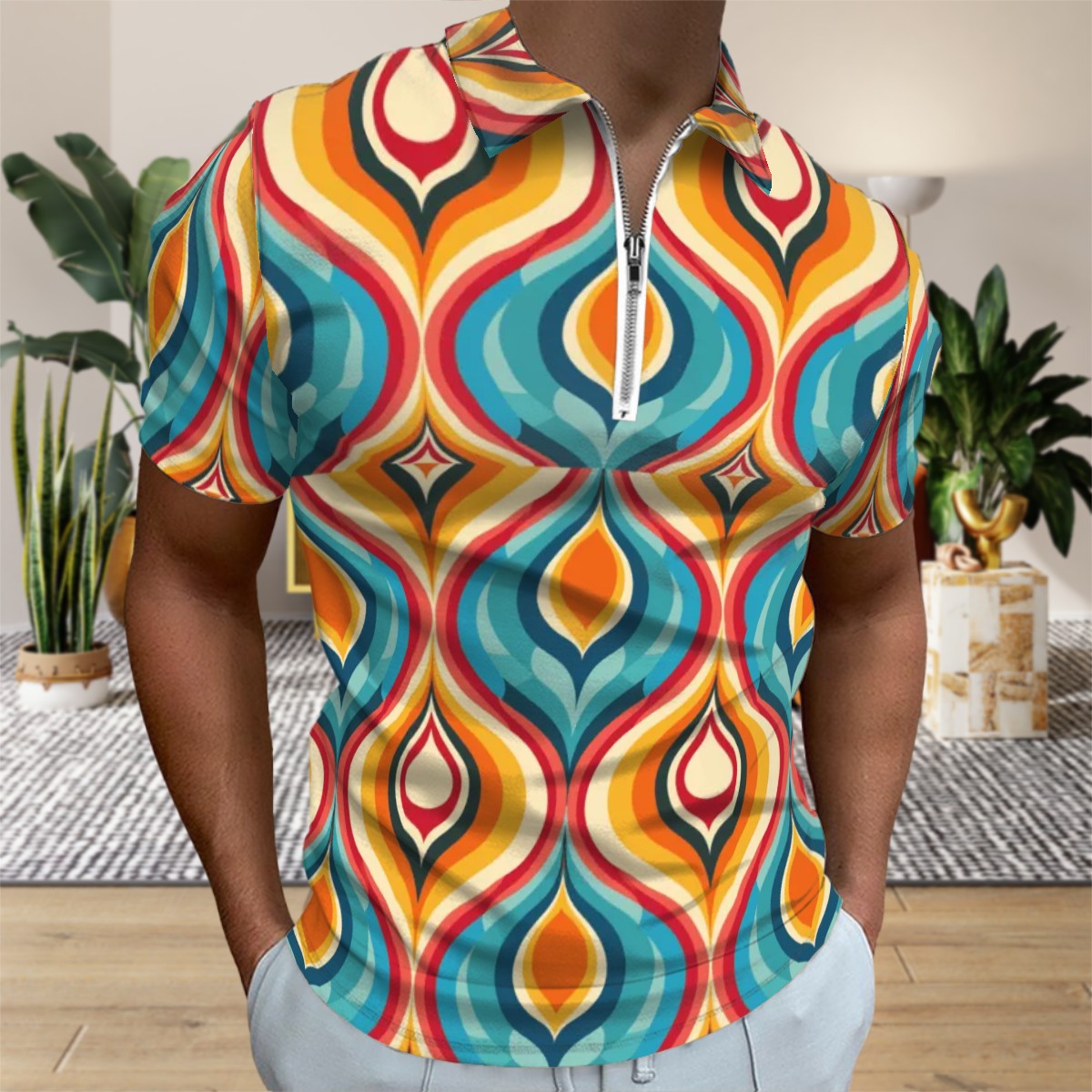 MCM Retro Polo Shirt- Mid Century Geo Design  Slim Fit Zipper Polo for men