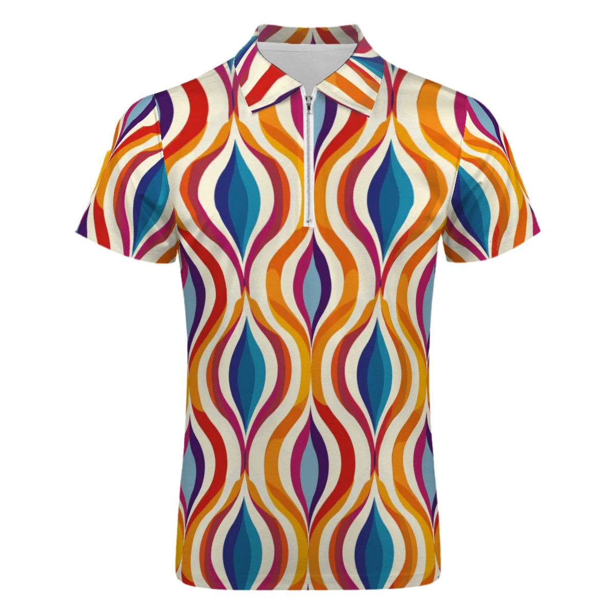 MCM Retro Polo Shirt- Mid Century Geo Design  Slim Fit Zipper Polo for men