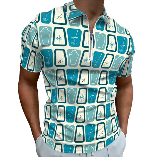 MCM Retro Polo Shirt- Atomic  Martini Cocktail Design  Slim Fit Zipper Polo for men