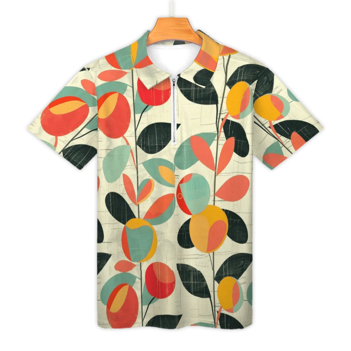 MCM Retro Polo Shirt- Mid Century Geo Design  Slim Fit Zipper Polo for men