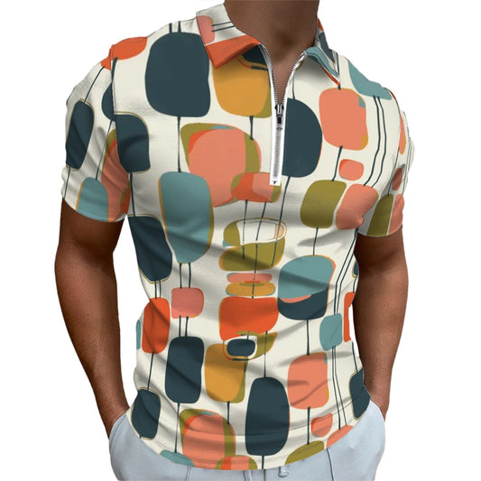 MCM Retro Polo Shirt- Mid Century Geo Design, Slim Fit Zipper Polo for men