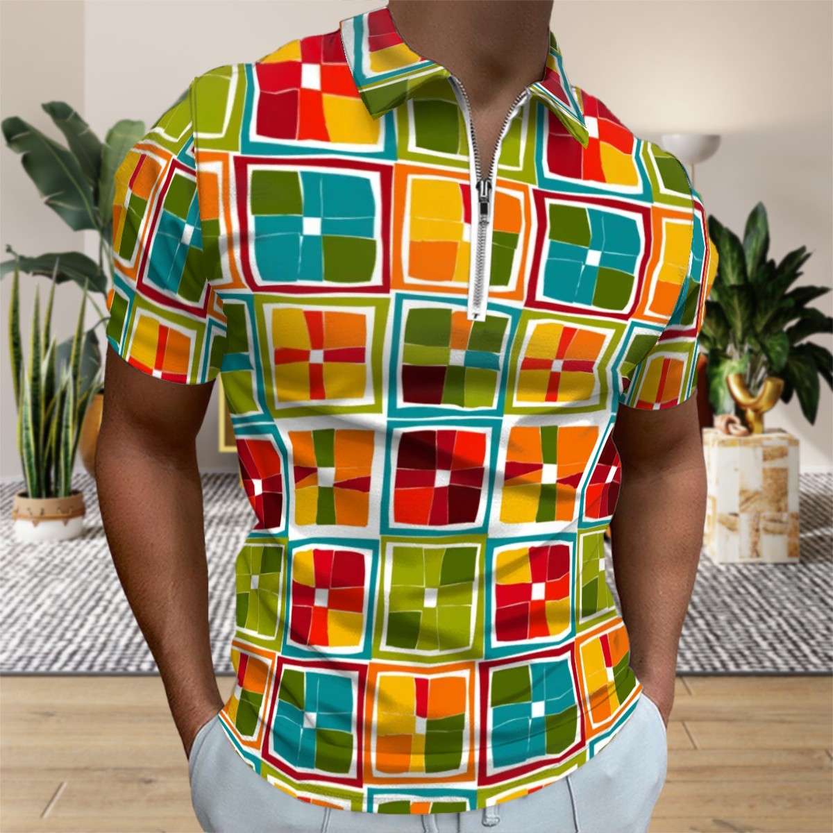 MCM Retro Polo Shirt- Atomic  Design Groovy Slim Fit Zipper Polo for men