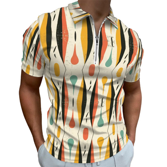 MCM Retro Polo Shirt- Mid Century Geo Design  Slim Fit Zipper Polo for men