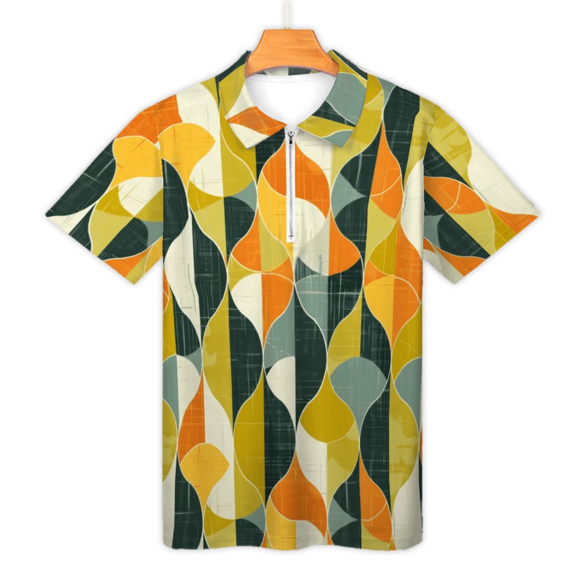 MCM Retro Polo Shirt- Mid Century Geo Design  Slim Fit Zipper Polo for men