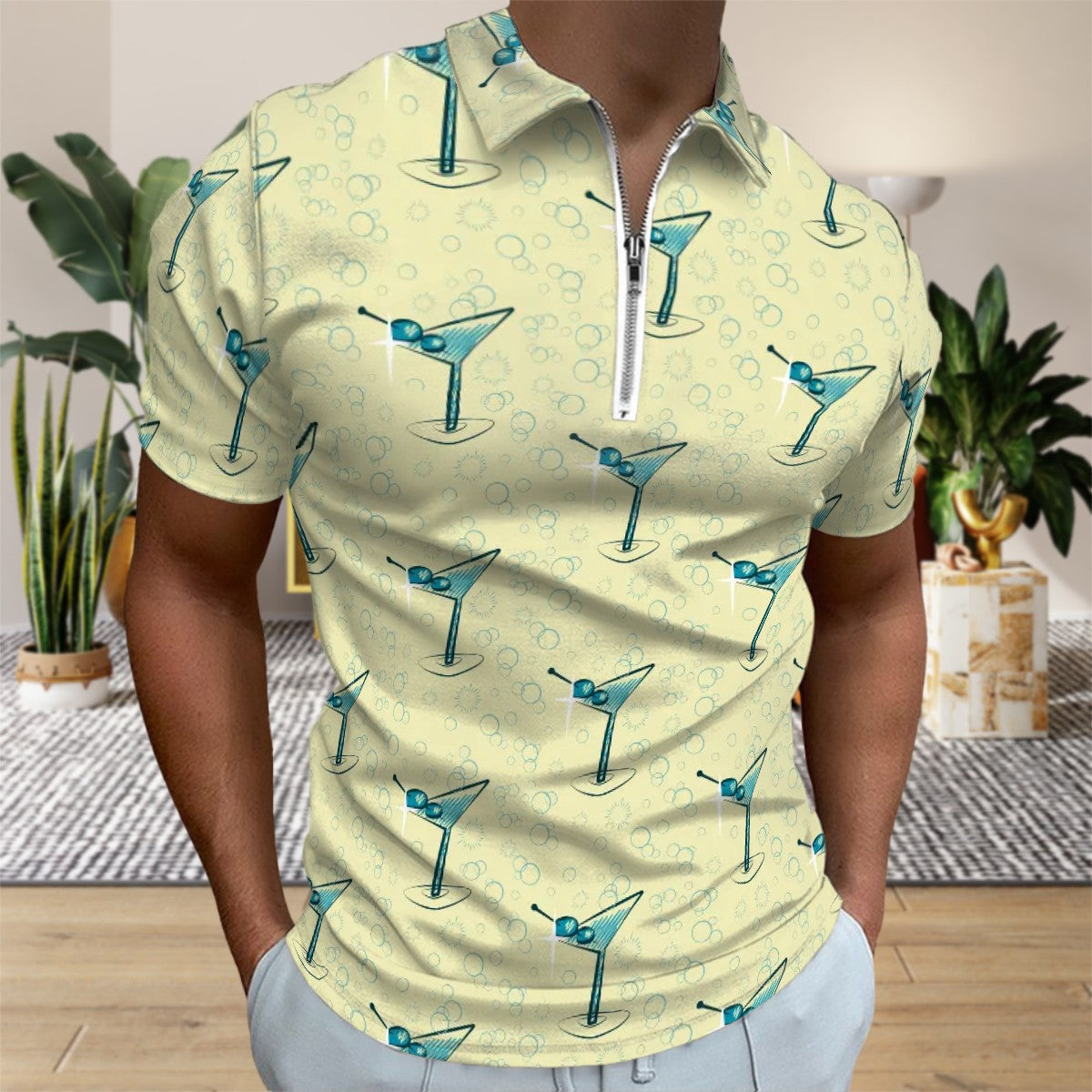 MCM Retro Polo Shirt- Mid Century Martini Design, Slim Fit Zipper Polo for men