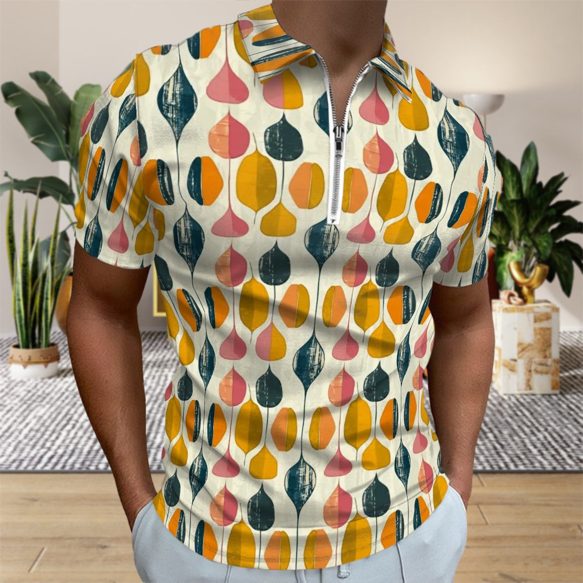 MCM Retro Polo Shirt- Mid Century Geo Design  Slim Fit Zipper Polo for men