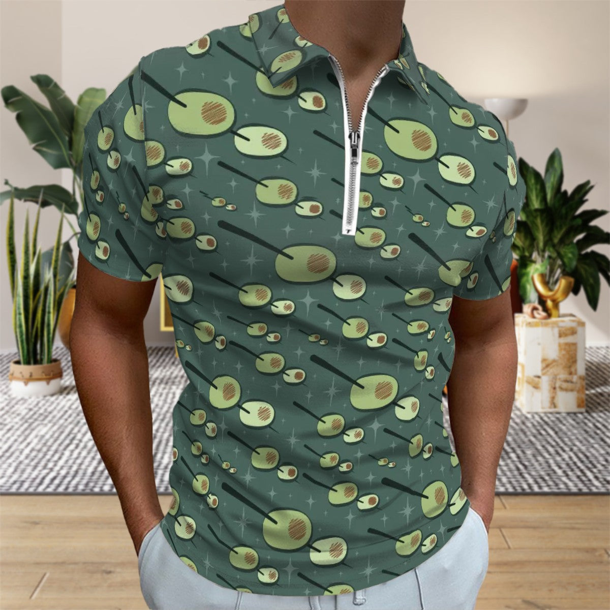 MCM Retro Polo Shirt- Atomic  Martini Cocktail Design  Slim Fit Zipper Polo for men