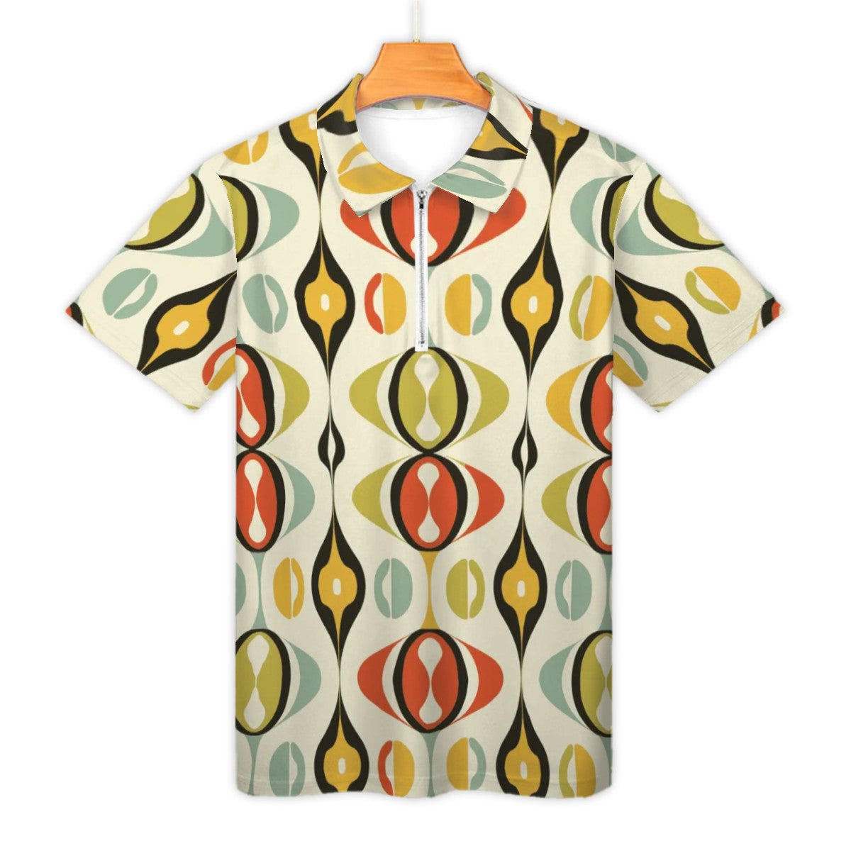 MCM Retro Polo Shirt- Mid Century Geo Design  Slim Fit Zipper Polo for men