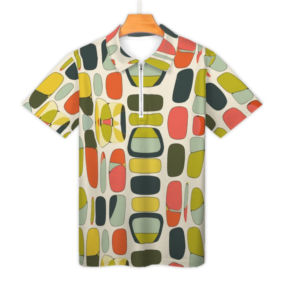 MCM Retro Polo Shirt- Mid Century Geo Design, Slim Fit Zipper Polo for men