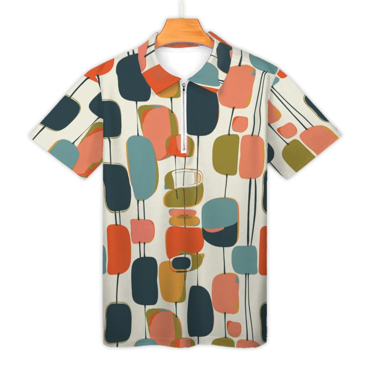 MCM Retro Polo Shirt- Mid Century Geo Design, Slim Fit Zipper Polo for men