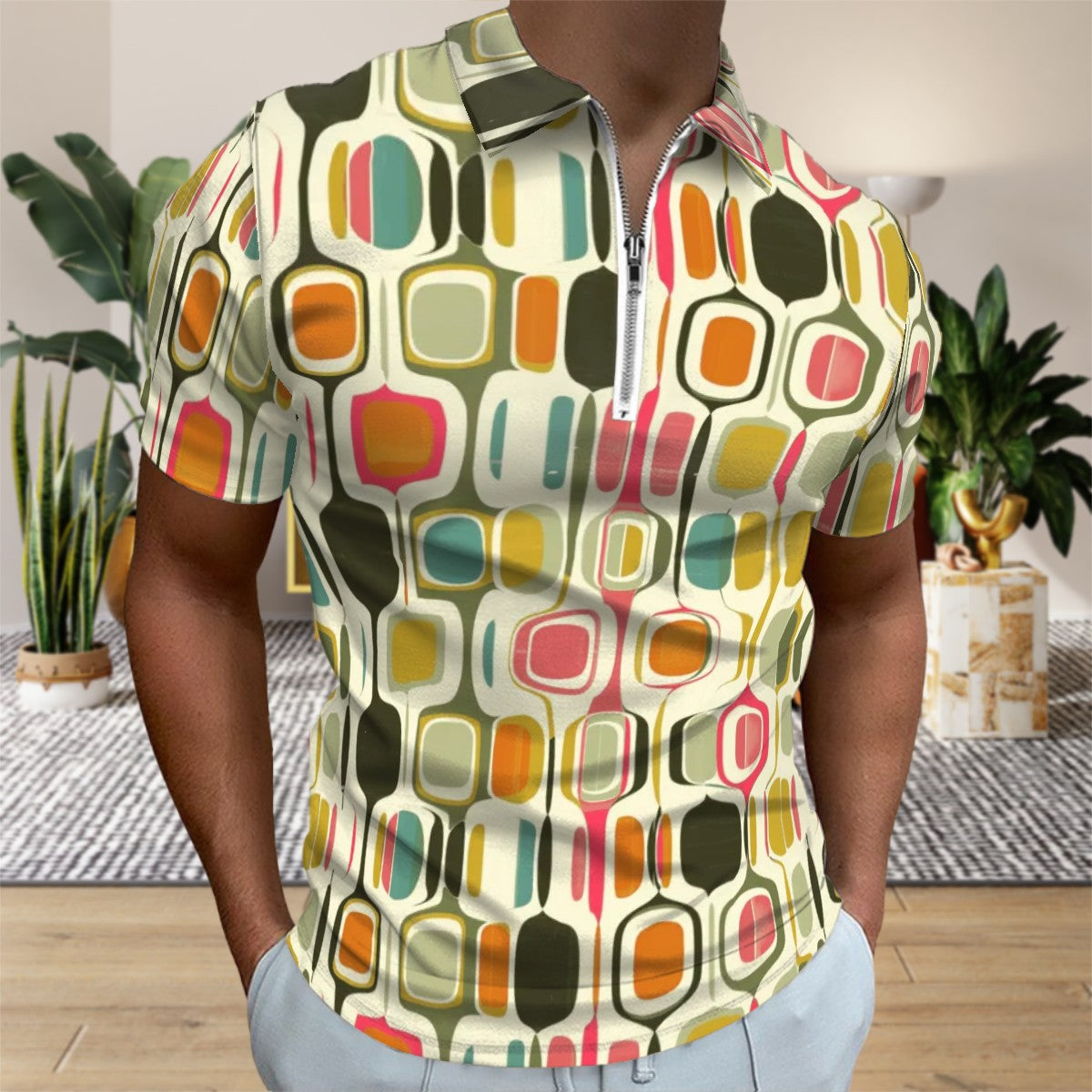 MCM Retro Polo Shirt- Mid Century Geo Design  Slim Fit Zipper Polo for men