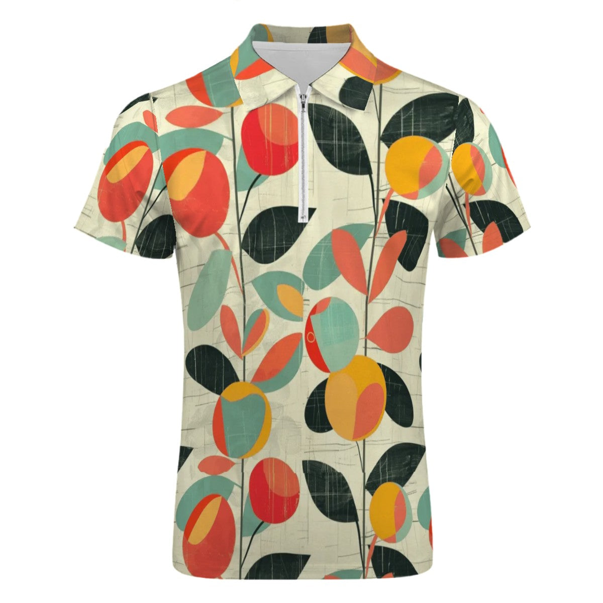 MCM Retro Polo Shirt- Mid Century Geo Design  Slim Fit Zipper Polo for men