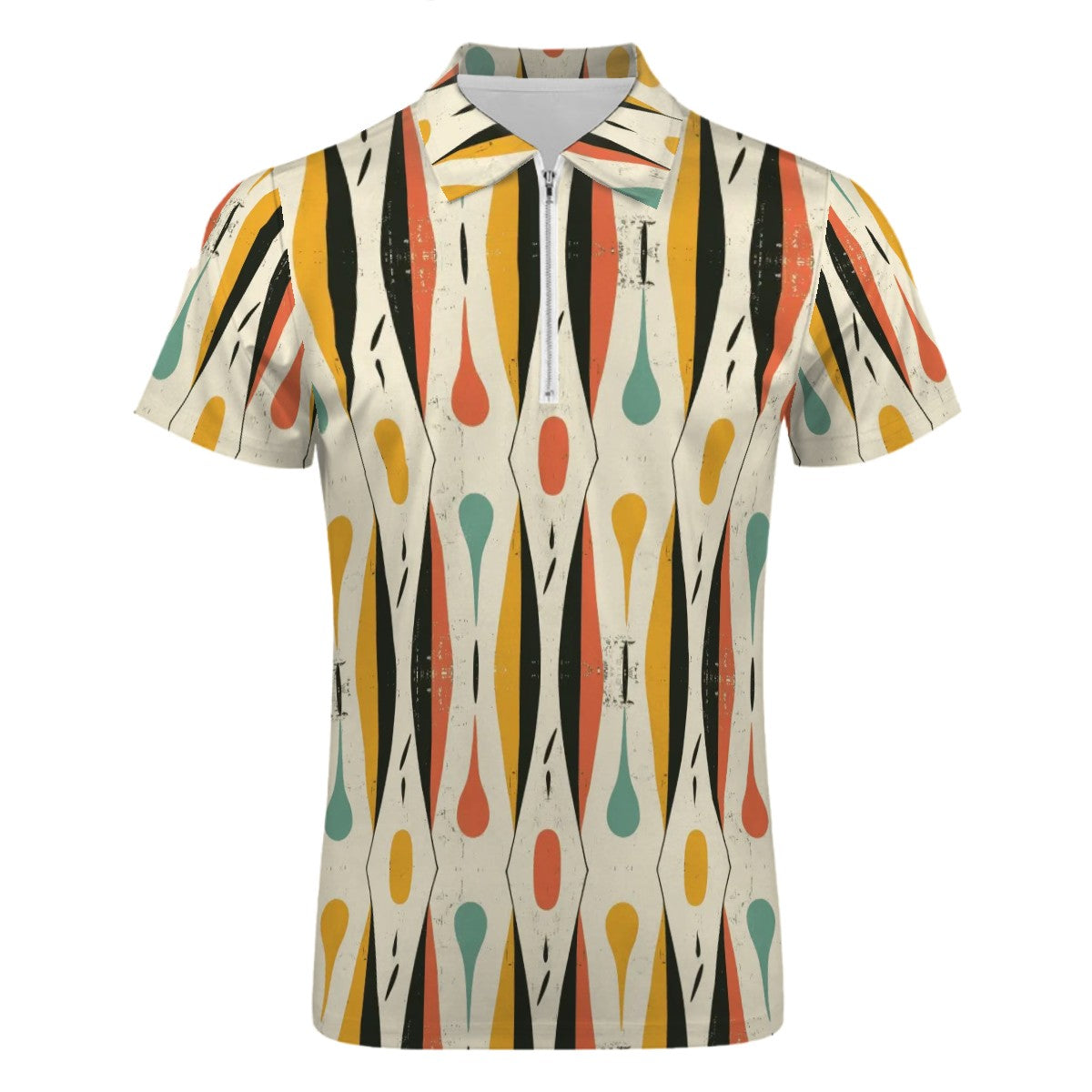 MCM Retro Polo Shirt- Mid Century Geo Design  Slim Fit Zipper Polo for men