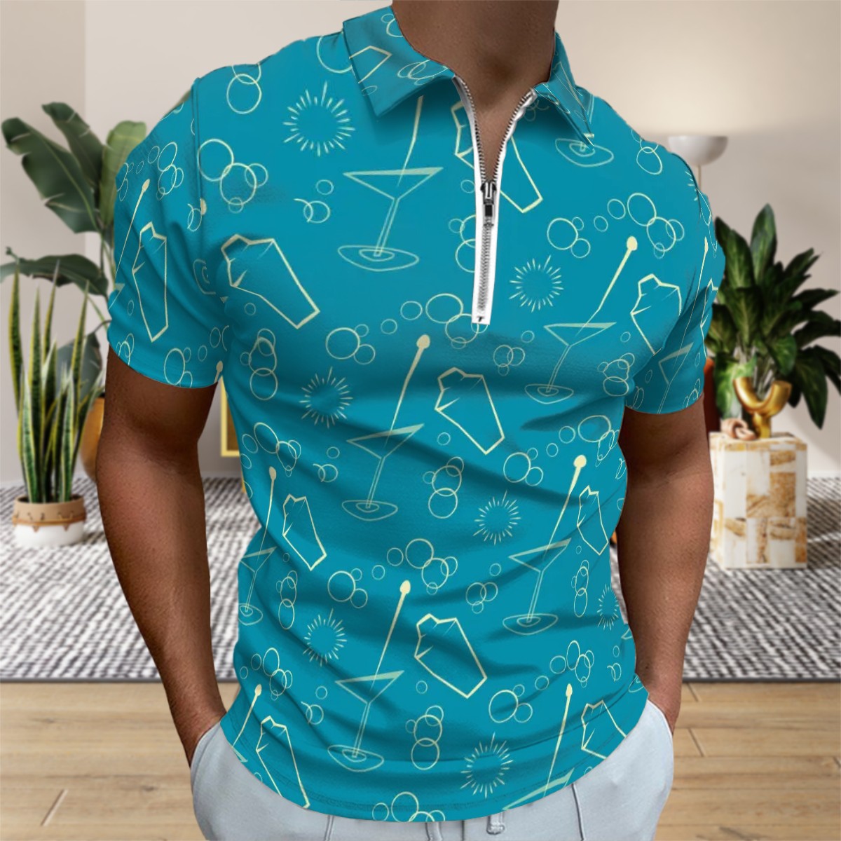 MCM Retro Polo Shirt- Mid Century Martini Design, Slim Fit Zipper Polo for men