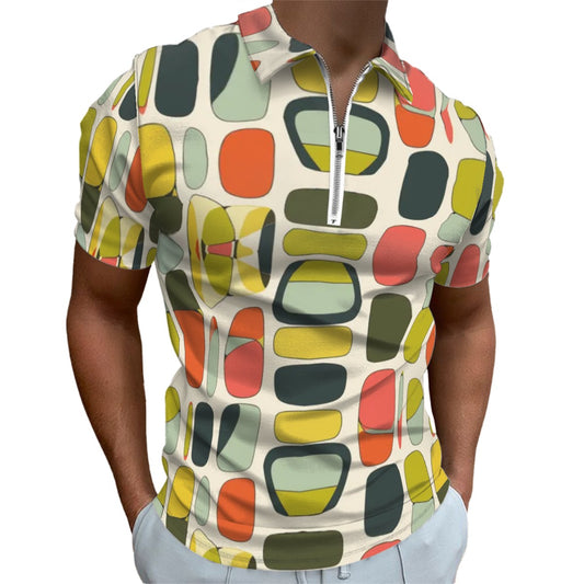 MCM Retro Polo Shirt- Mid Century Geo Design, Slim Fit Zipper Polo for men