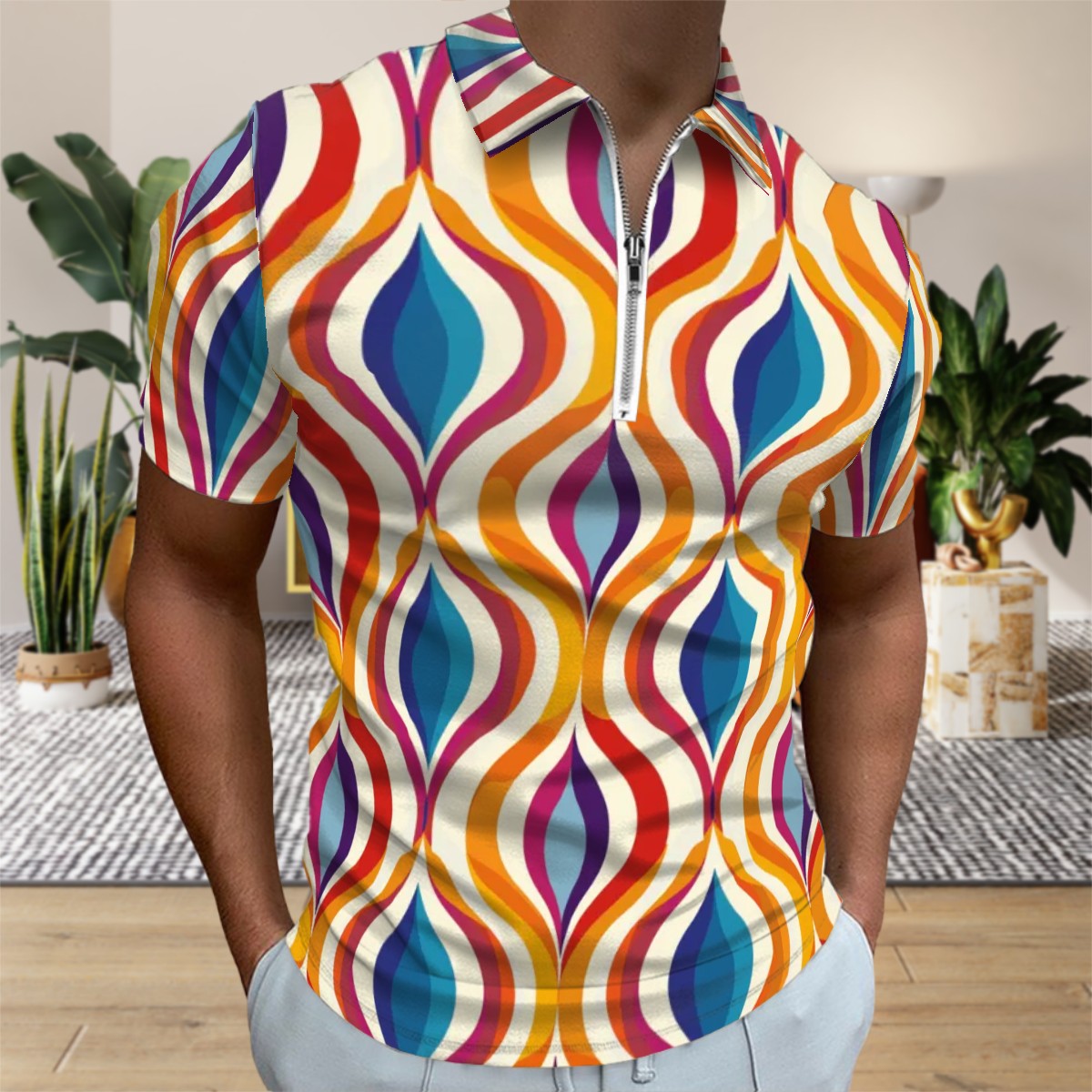 MCM Retro Polo Shirt- Mid Century Geo Design  Slim Fit Zipper Polo for men