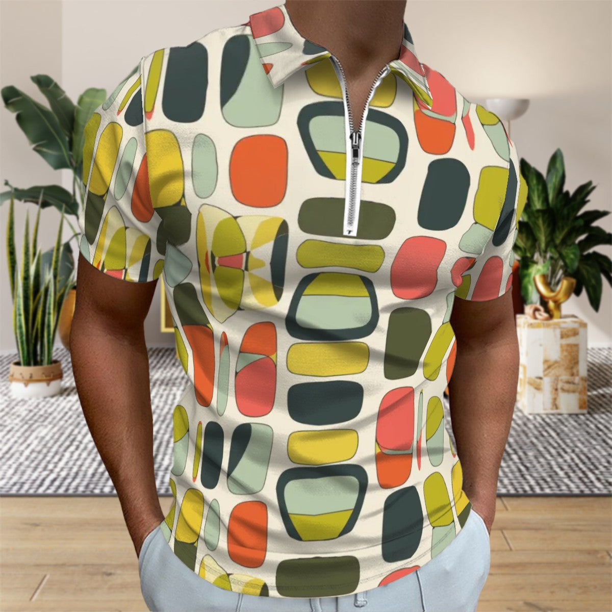 MCM Retro Polo Shirt- Mid Century Geo Design, Slim Fit Zipper Polo for men