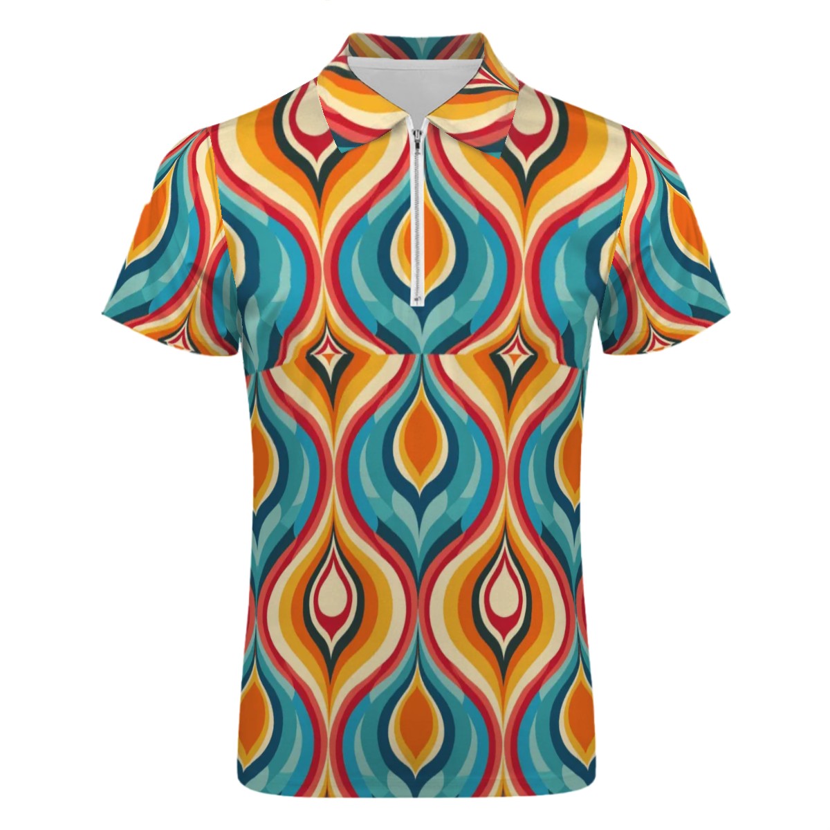 MCM Retro Polo Shirt- Mid Century Geo Design  Slim Fit Zipper Polo for men