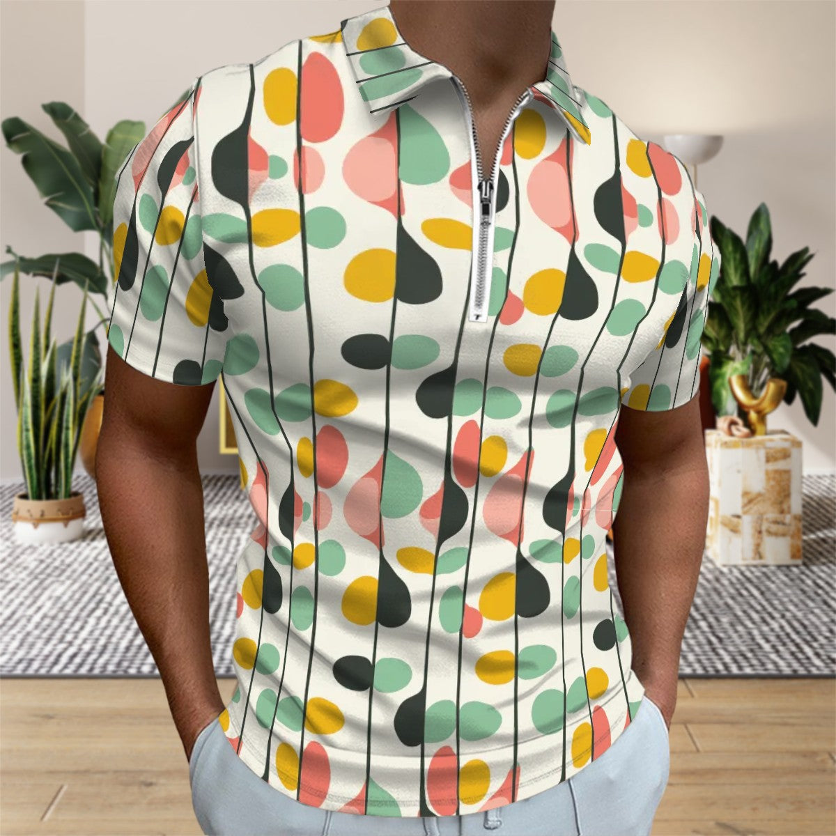 MCM Retro Polo Shirt- Mid Century Geo Design  Slim Fit Zipper Polo for men