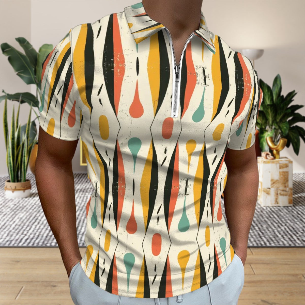 MCM Retro Polo Shirt- Mid Century Geo Design  Slim Fit Zipper Polo for men