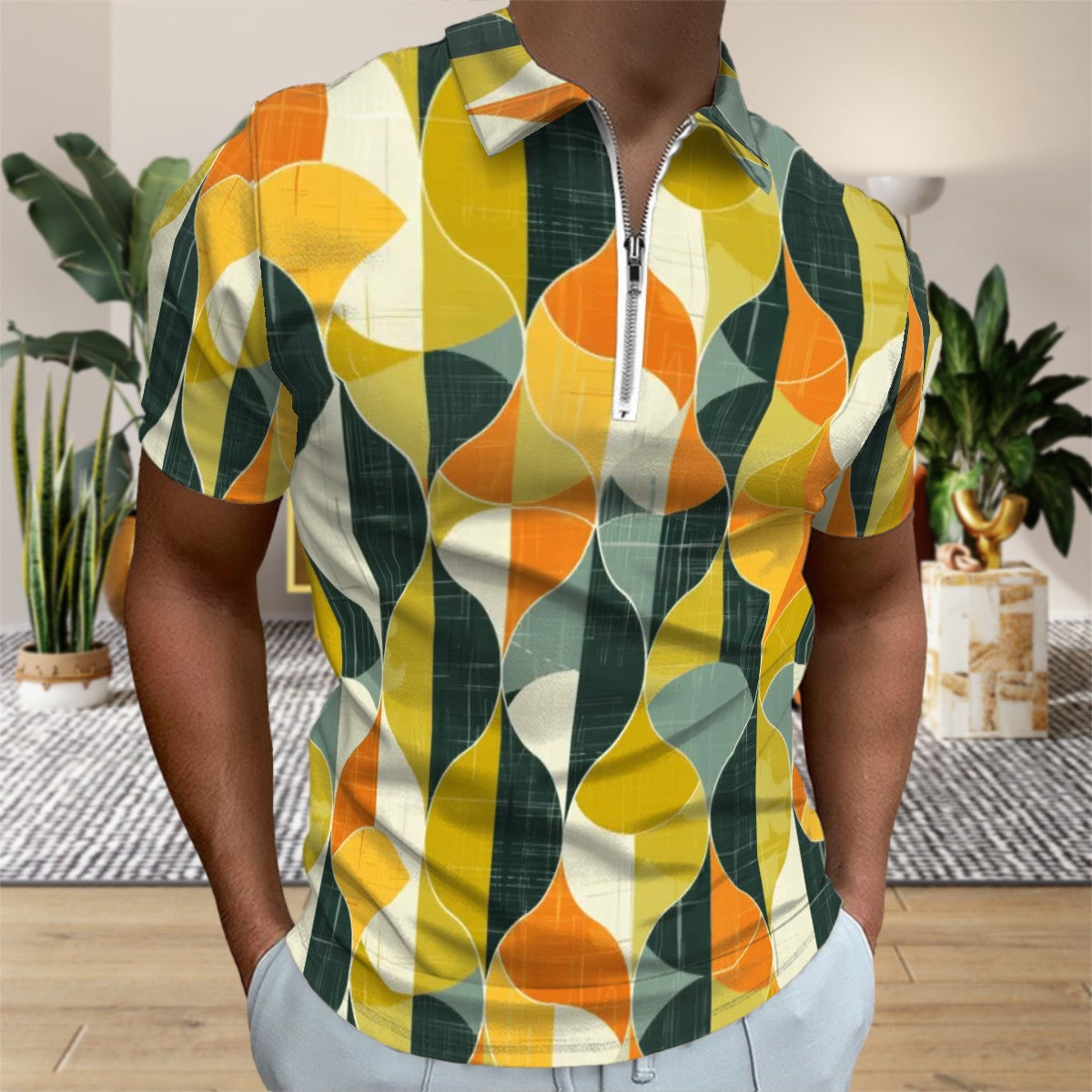 MCM Retro Polo Shirt- Mid Century Geo Design  Slim Fit Zipper Polo for men