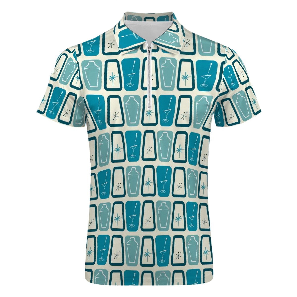 MCM Retro Polo Shirt- Atomic  Martini Cocktail Design  Slim Fit Zipper Polo for men