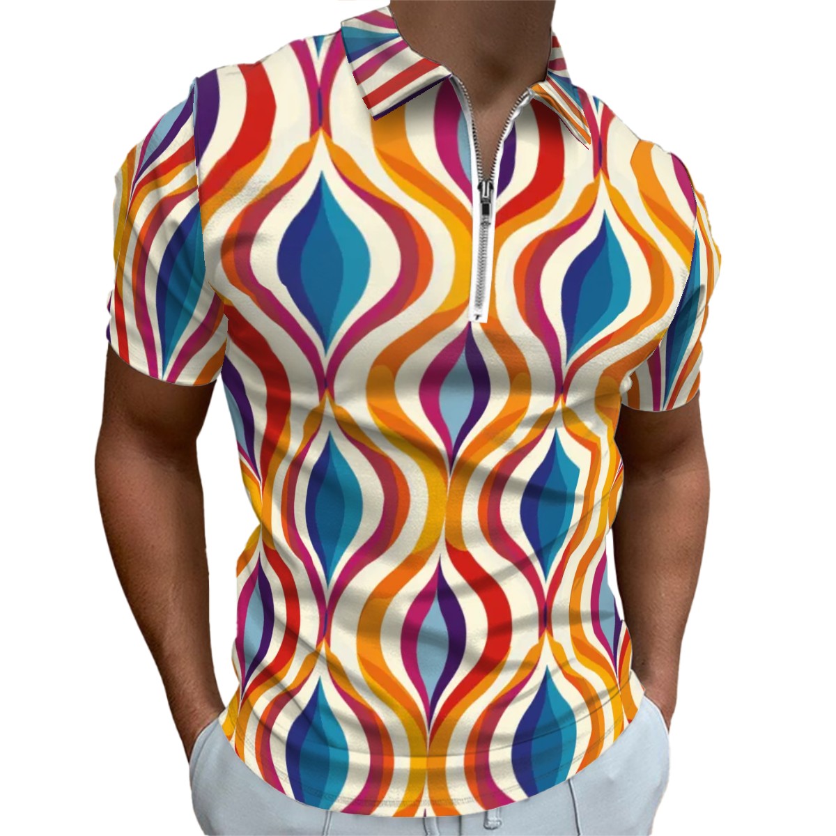 MCM Retro Polo Shirt- Mid Century Geo Design  Slim Fit Zipper Polo for men